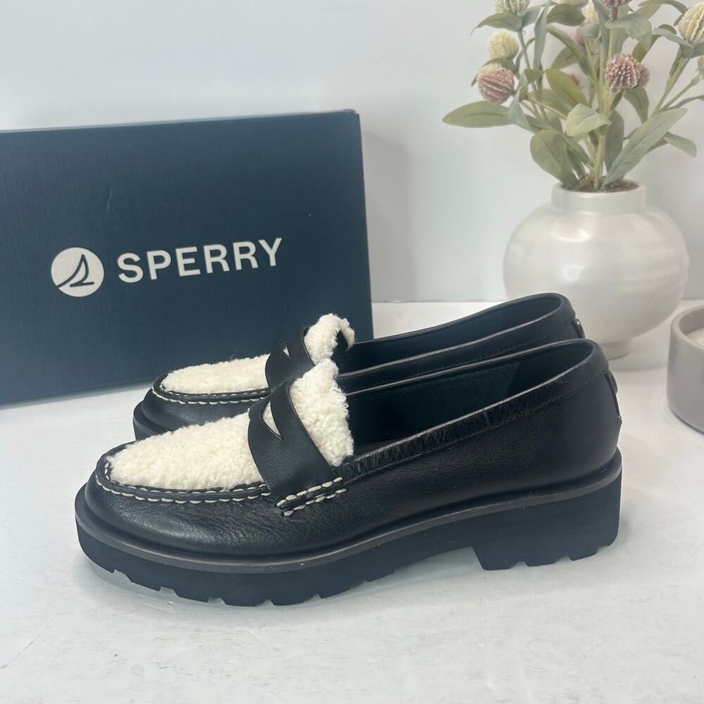 Sperry Chunky Lug Sole Penny Loafer Slip On Black/Cream Women 8M NWB